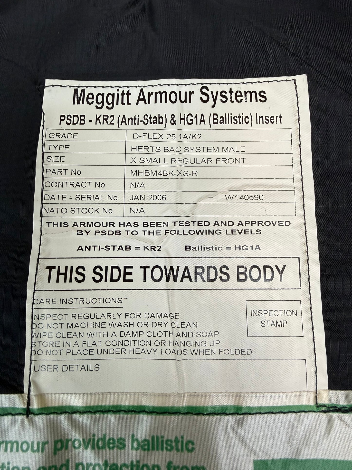 Ex Police Meggitt Yaffy Body Armour Vest Anti Stab & Ballistic HG1A & KR2 X SMALL Security