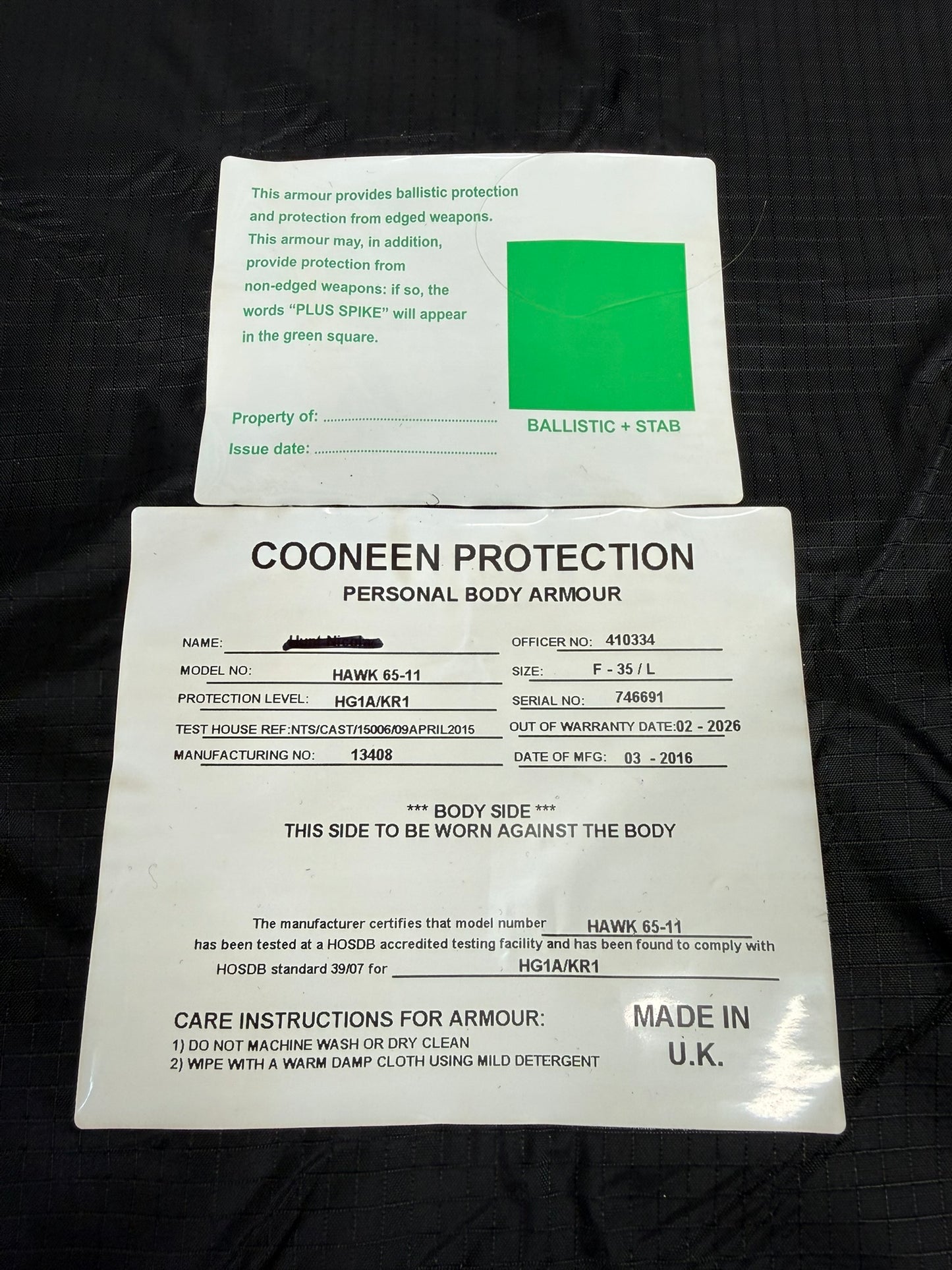 Ex Police Cooneen Body Armour Vest Anti Stab & Ballistic HG1A & KR1 SML Security