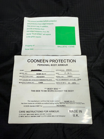 Ex Police Cooneen Body Armour Vest Anti Stab & Ballistic HG1A & KR1 SML Security
