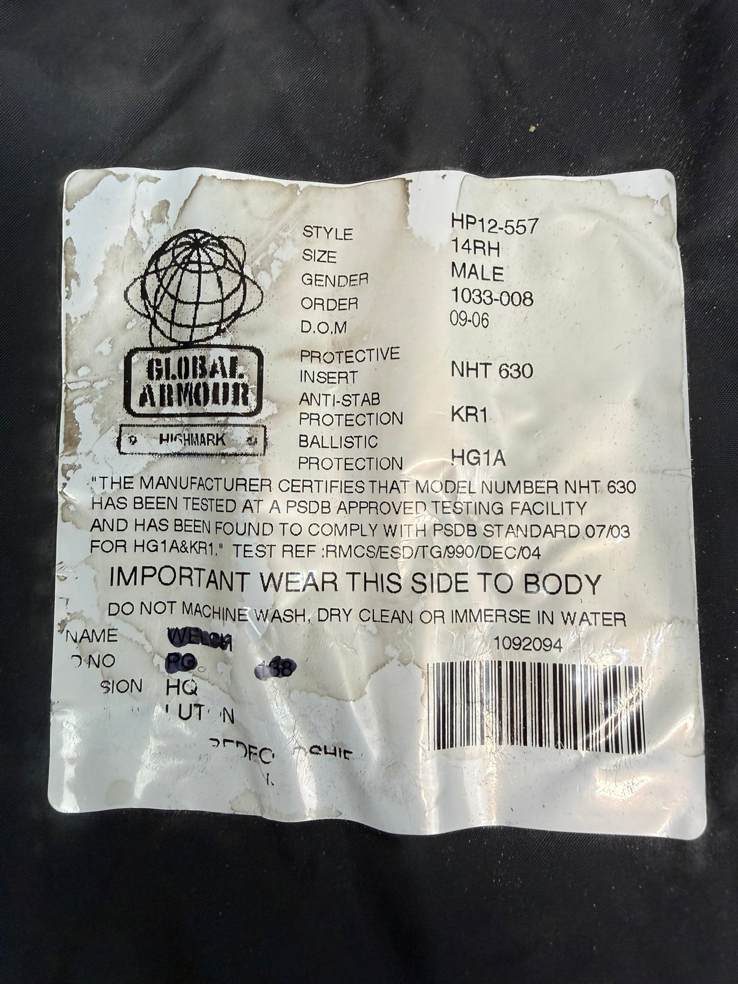 Ex Police Global Armour Body Armour Vest X LARGE Anti Stab & Ballistic HG1A / KR1 Security