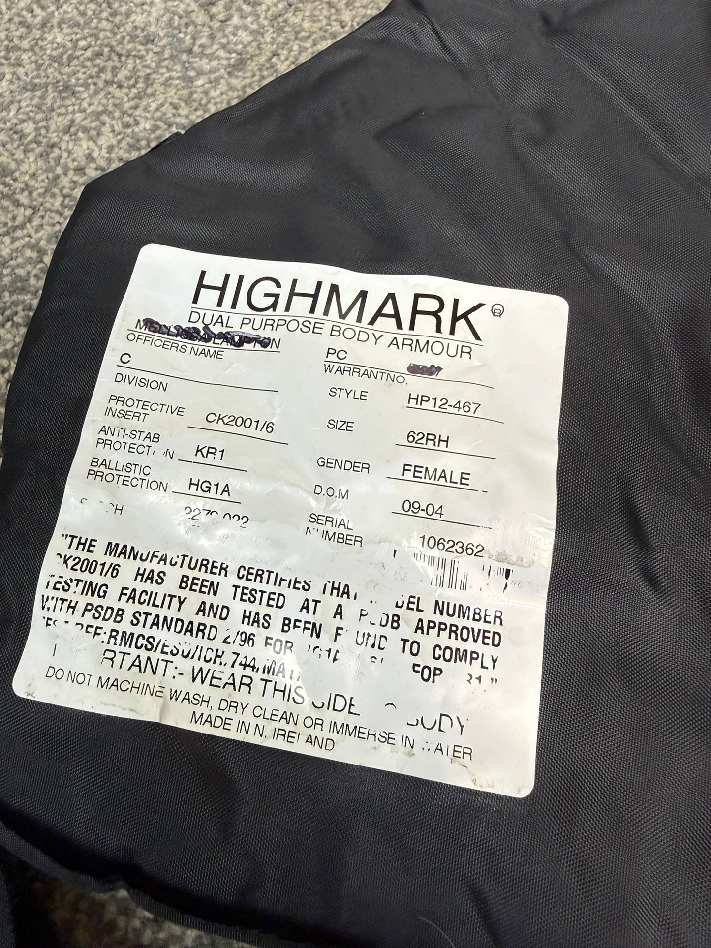 Ex Police Highmark Body Armour Vest Female LARGE Anti Stab & Ballistic HG1A / KR1 Security