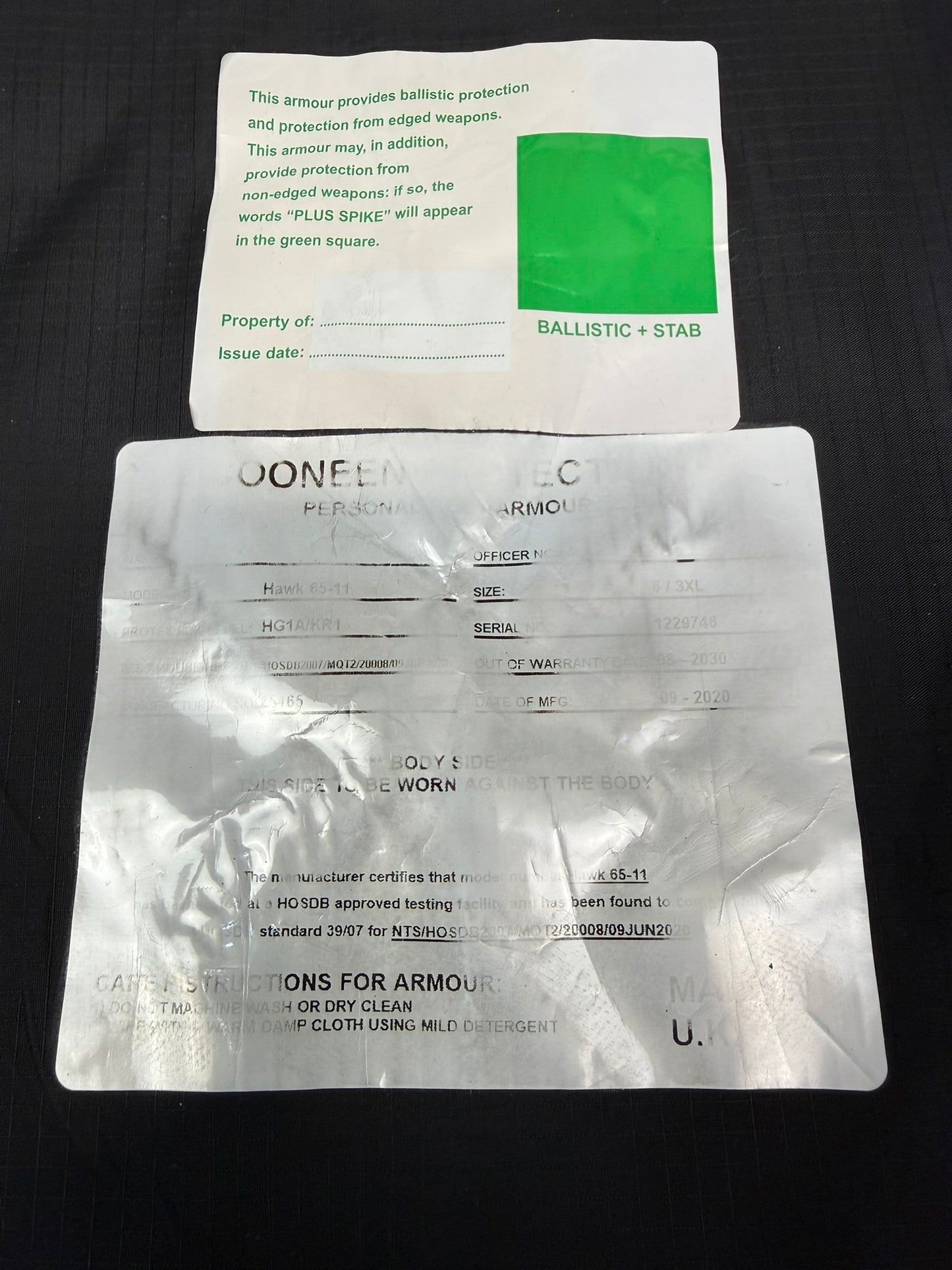 Ex Police Cooneen Body Armour Vest & Bag X LRG Anti Stab & Ballistic HG1A & KR1