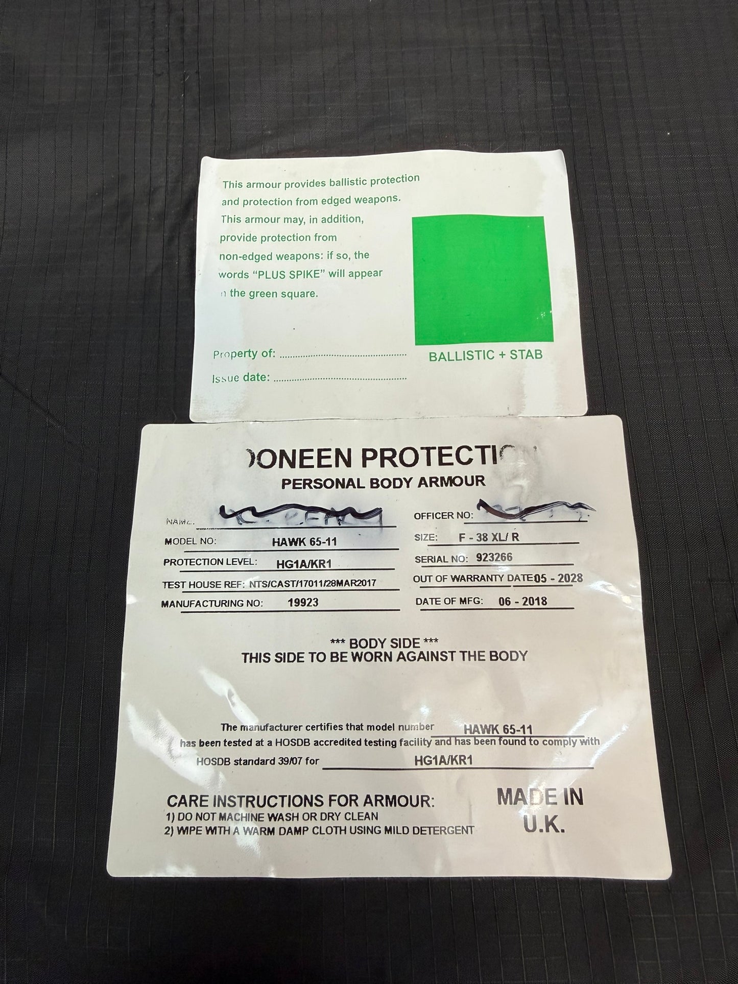 Ex Police Cooneen Body Armour Vest & Bag X LRG Anti Stab & Ballistic HG1A & KR1 Security Patrol