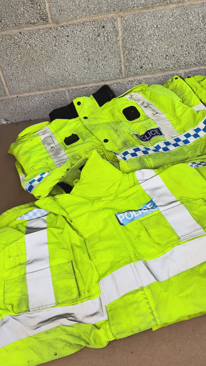 Ex Police Pallet Job Lot Bundle Grade B - Jackets Vests Hats Riot Guards Helmets Boots Fleeces & More!